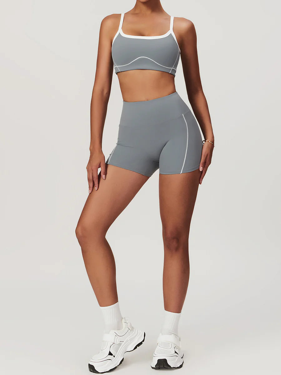 Seamless Contrast Binding Sports Bra and Shorts Set