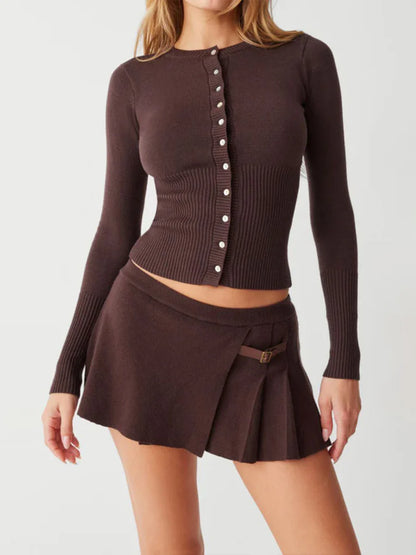 Crew Neck Breasted Cardigan Set