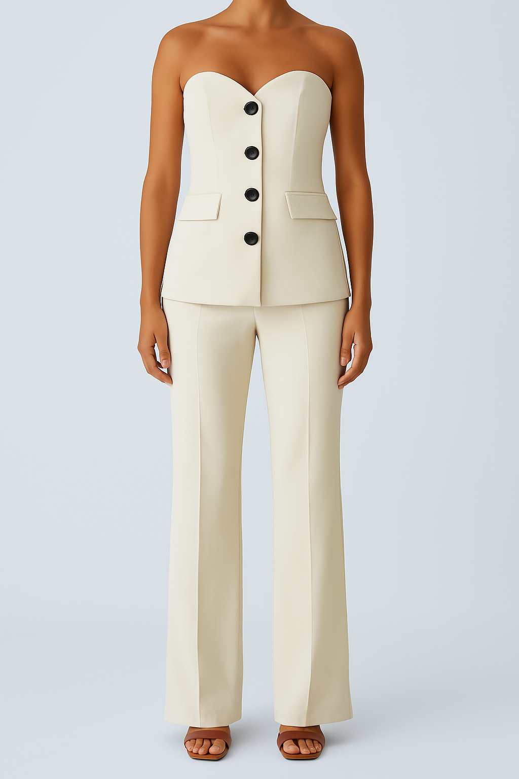 Strapless Buttoned Corset Top & Tailored Trousers Set