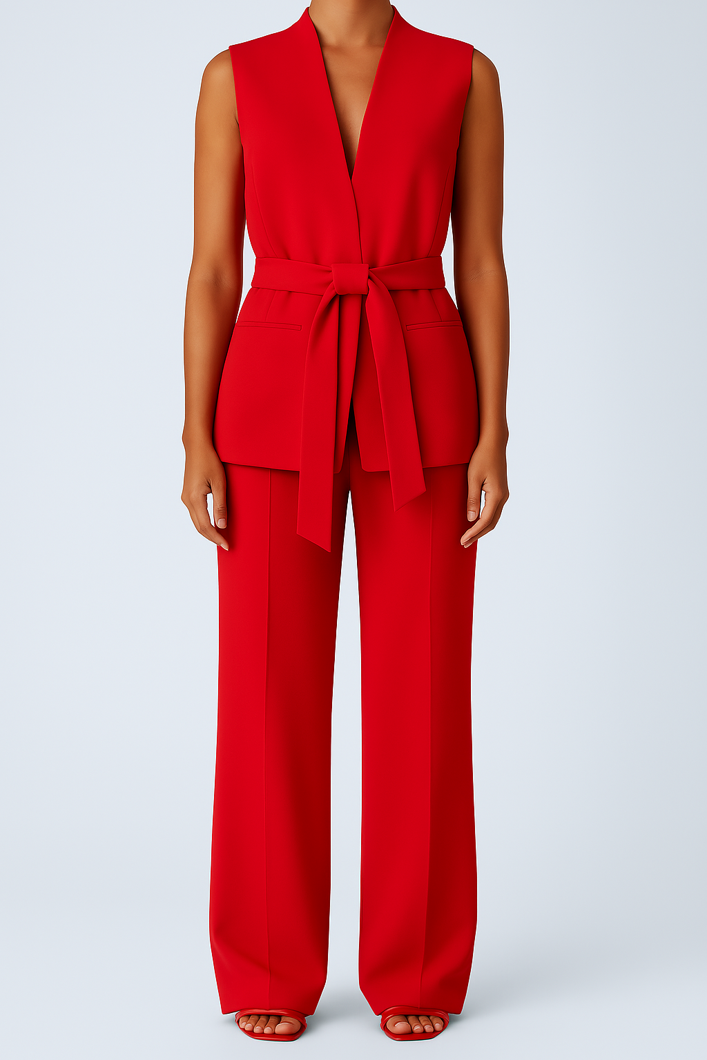 Belted Sleeveless Vest & Flared Trousers Set