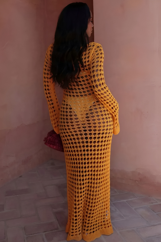 Open-Knit Maxi Beach Dress with Bell Sleeves